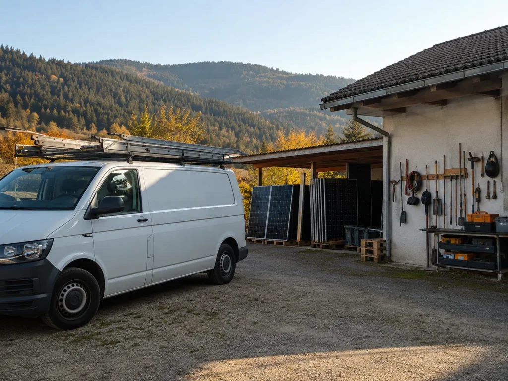 Firmenwagen mit Leitern auf dem Dach vor der Werkstatt, daneben gestapelte Solarmodule
