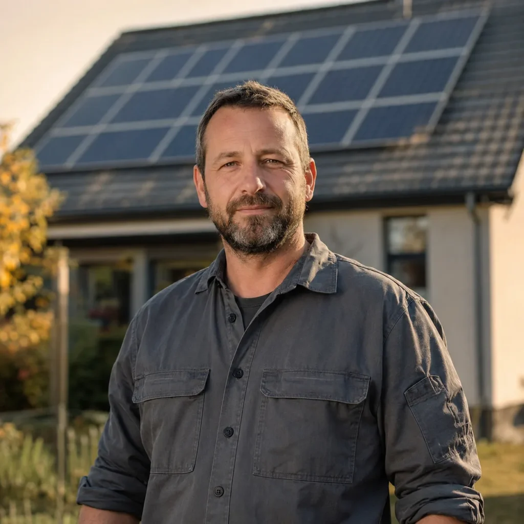Handwerker im Arbeitshemd steht vor einem Einfamilienhaus mit Solaranlage auf dem Dach
