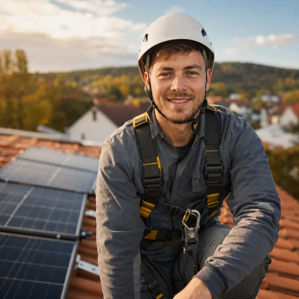Monteur mit Helm und Sicherheitsgurt kniet neben neu verlegten Solarmodulen auf einem Ziegeldach
