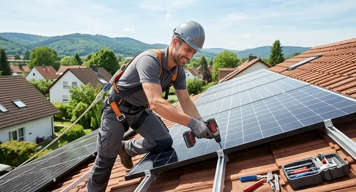 Monteur verschraubt ein Solarmodul auf einem Ziegeldach über einem Wohngebiet