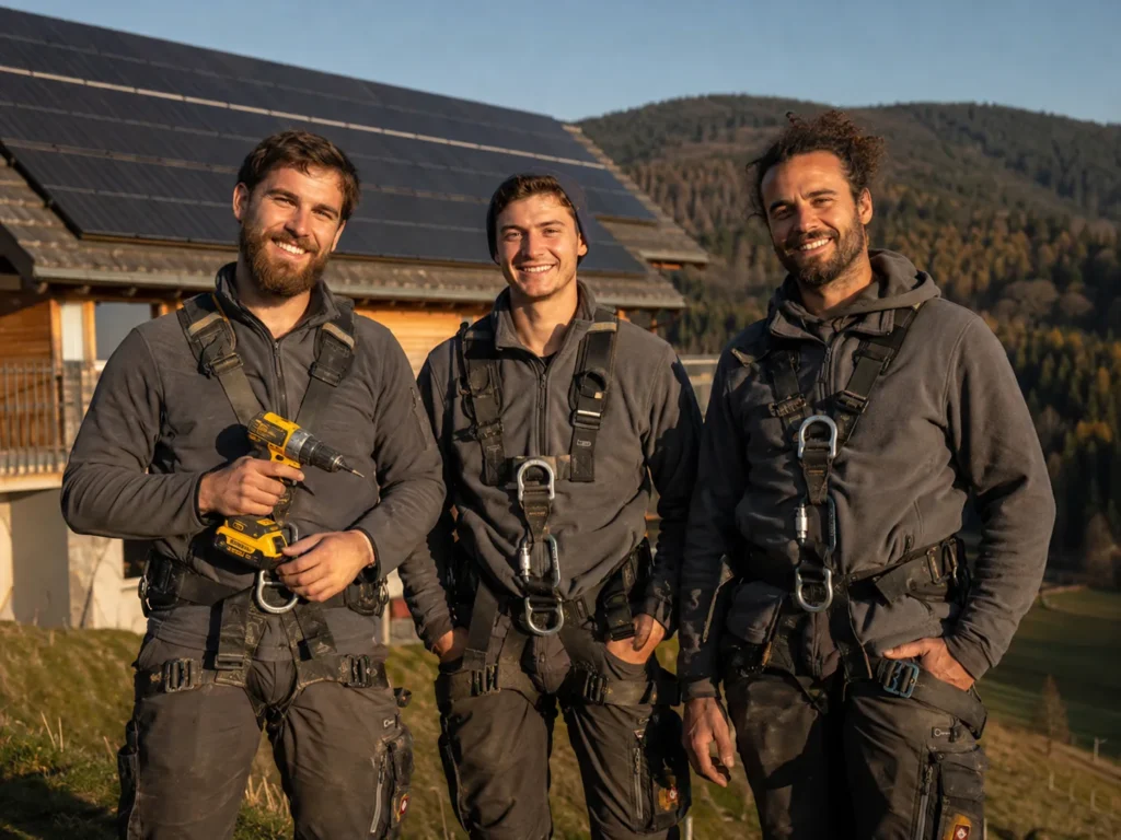 Drei Monteure in Arbeitskleidung mit Sicherheitsgurten vor einem Haus mit Solardach