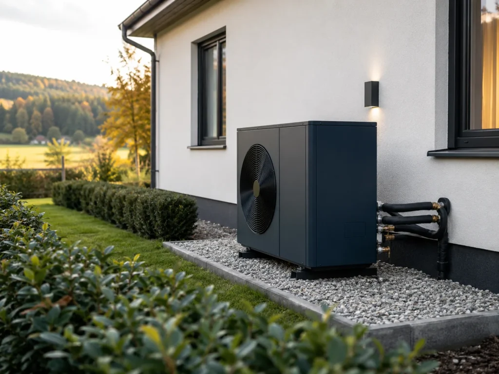 Wärmepumpe im Kiesbett an der Hauswand eines weißen Einfamilienhauses