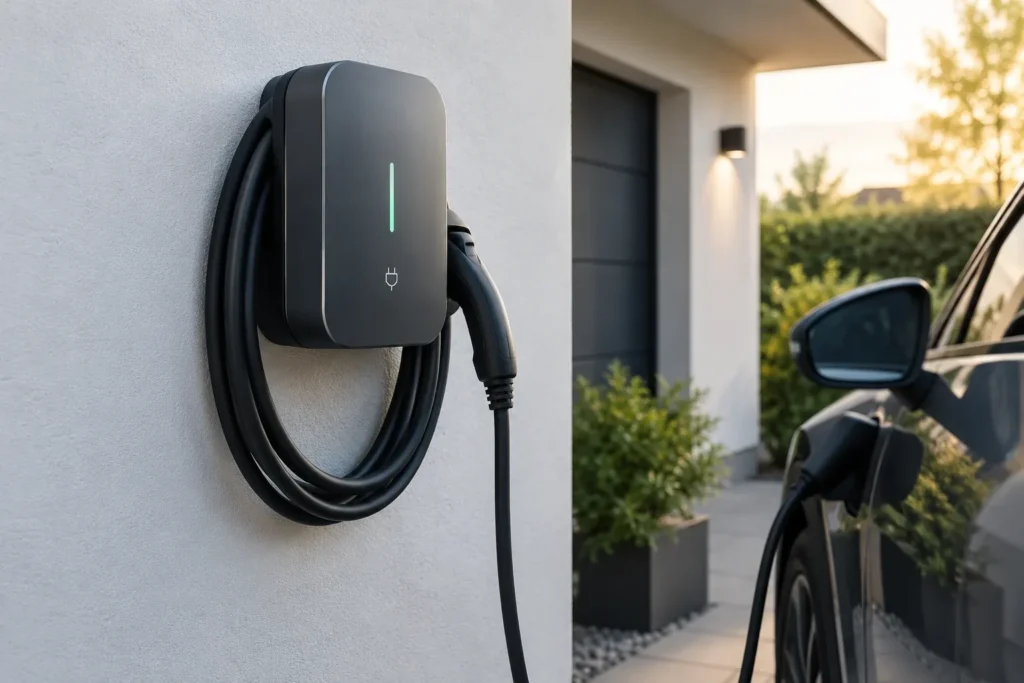 Schwarze Wallbox mit aufgerolltem Ladekabel an einer weißen Hauswand, daneben ein ladendes Auto